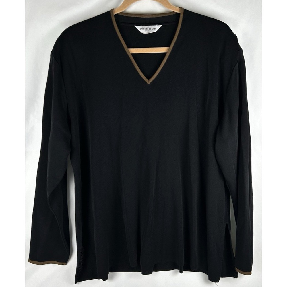 Exclusively Misook Black Brown Trim Pullover Knit Top Plus 3X Long Sleeve V Neck